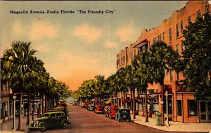 EUSTIS FLORIDA MAGNOLIA AVENUE VINTAGE STREET SCENE LINEN POSTCARD - Picture 1 of 2