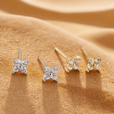 Small Flower Stud Earrings with Cubic Zirconia, Four Leaf Clover Stud Crystal UK - Image 1 of 4