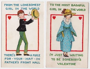 c1922 Lot von 2 Whitney Made Valentine Postkarten Lonesomest & Bashful Girl - Bild 1 von 5