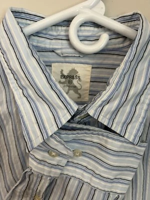 Camisa de vestir Express para hombre mezcla de algodón LS abotonada azul negro blanco a rayas XL Foto 1 de 4