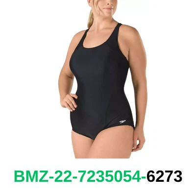Traje de baño Speedo para mujer talla grande espalda cruzada costura princesa, negro, 24 Foto 1 de 4
