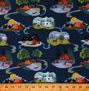 Cotton Cabins Campers Camping Blue Fabric Print by Yard D774.07 - Picture 1 of 1
