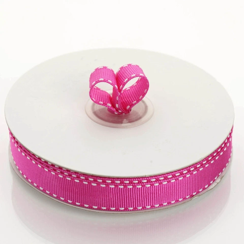 3/8" Wide Saddle Stitch Grosgrain Ribbon - 25 Yds (Fuschia/White Stitching) - Image 1 of 1