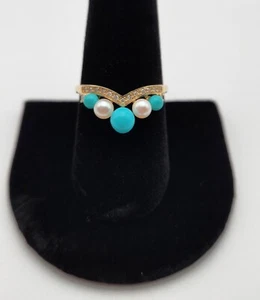 14k DK Diamond Turquoise Pearl Spheres Ring Size 8.75 Beautiful Vibrant Colors - Picture 1 of 6