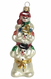 Vintage Snowmen Stacked Totem Pole Ornament~ Hand Blown Glass Poland Snowmen~ 5” - Picture 1 of 6