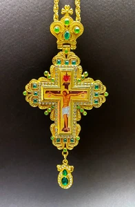 Greek Russian Orthodox Priest Pectoral Cross Pendant Gold Plated Green Stones - Picture 1 of 21