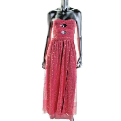 Hailey Logan ~ Hot Pink Gold Splash Mesh Cut-Out Slit Formal Gown 5 /6 NEW $169 - Image 1 of 4