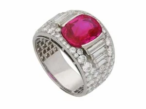 Cushion Shape Old Cut 4.48CT Pink Ruby With Baguette & Round Cut 3.78CT CZ Ring - Picture 1 of 7