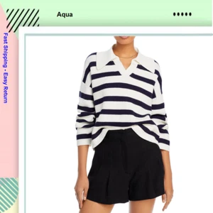 AQUA Women's Striped Polo Sweater, White/Navy, XS - Picture 1 of 4