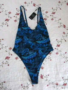 RELLECIGA Women's One Piece Blue Leaf Thong Brazilian Style Swimsuit Size XL NWT - Picture 1 of 10