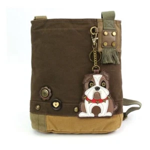 Chala Patch Crossbody Bag Canvas Messenger DARK BROWN Coin Purse BULLDOG Dog - Picture 1 of 6