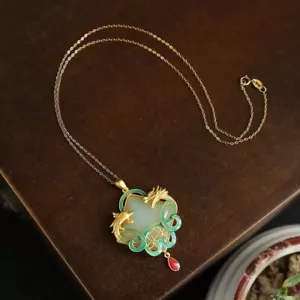 Jade Dragon Phoenix Pendant Jewelry 18K Gold Plated Necklace Natural Chalcedony - Picture 1 of 5