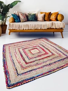 Square Rug Braided Rugs Jute Multi Colour Recycled Fabric Flat Weave Reversible - Picture 1 of 31