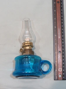 Vintage Clear Blue Glass (Handblown) Finger Oil Lamp, Unmarked Burner - Picture 1 of 5