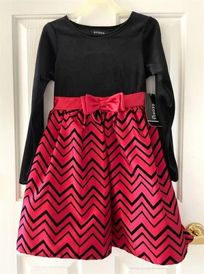 George Girl 8 Stretch Velour Long Sleeve Flocked Taffeta Holiday Dress Black Red - Image 1 of 4