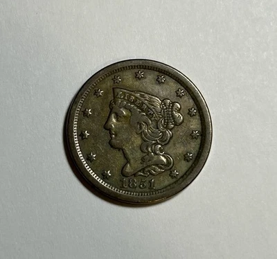 1851 Braided Hair Half Cent US Type Coin XF / AU - Image 1 of 4