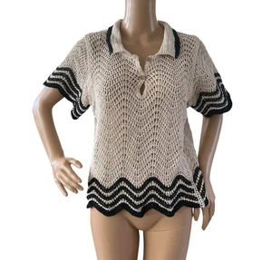Solitaire Womens Crochet Short Sleeve Collared Top Beige Black Trimmed Size L - Picture 1 of 5