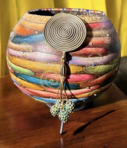 Vintage signierte Kunst Pappmaché mehrfarbig abstrakt Vase Schale mit Ständer - Bild 1 von 10
