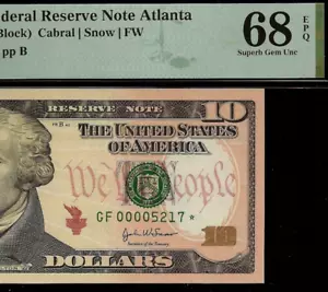 2004A $10 Federal Reserve Note Atlanta PMG 68EPQ 2nd finst low serial Fr 2039-F* - Picture 1 of 3
