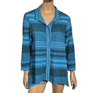 ALI MILES Artsy Lagenlook Blue Striped Crinkle/Puckered Tunic Blouse size LARGE 