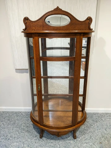 Antique Solid English Oak Half-Round Curved Curio/China Display Cabinet w/Mirror Cover