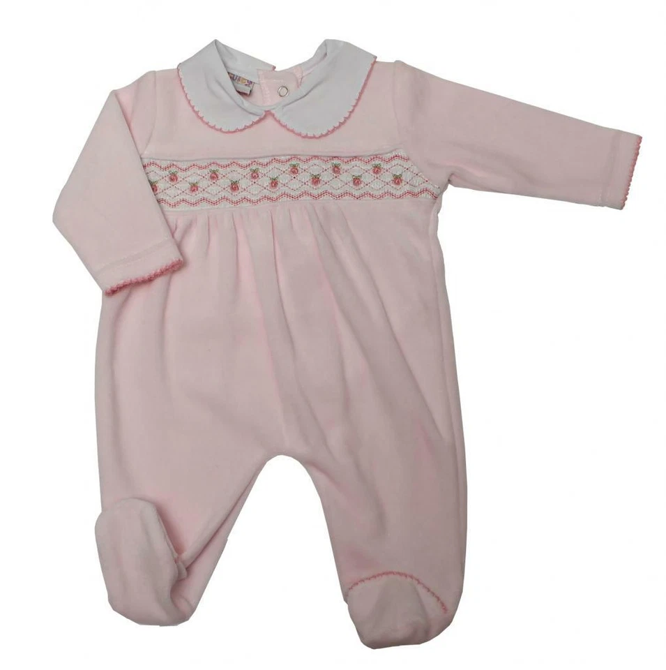 PINK SMOCKED VELOUR ROMPERS BABY GROW SLEEPSUIT HEARTS DESIGN GIRLS 0-9 MONTHS