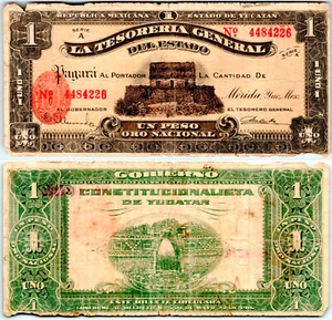 #0275: M4132a - TESO. GEN. DEL ESTADO DE YUCATAN UN PESO ORO NACIONAL - Picture 1 of 1