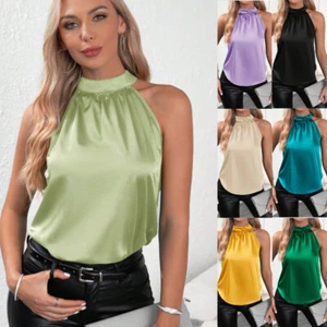 Womens Summer Cami Shirt Casual Silk Tops Sexy Halter Party Pleated Vest Blouse - Picture 1 of 19