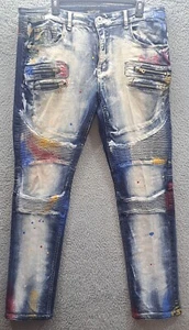 Smoke Rise Men's 38x32 Blue Skinny Slim Straight Distressed Paint Splatter Jean - Picture 1 of 11