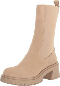 Steve Madden Hesitant Sand Suede Block Heel Pull On Mid Calf Fashion Boots Sz 7 - Picture 1 of 7