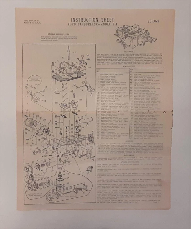Folha de instruções Ford modelo F-4 carburador 50-369 1968 - Imagem 1 de 1