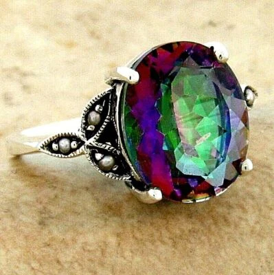 5 Ct RAINBOW MYSTIC QUARTZ 925 STERLING SILVER ANTIQUE STYLE VICTORIAN RING 094Z - Image 1 of 3