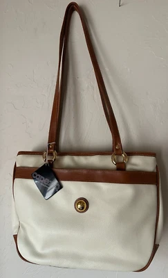 Capezio Cream & Brown Shoulder Handbag Purse Metal Logo - Image 1 of 4
