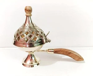 Brass Charcoal Incense Burner Loban with Wooden Handle Dhoop Dhuni Burner - Picture 1 of 5