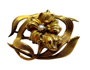 Prendedor o broche FLOR ART NOUVEAU 14K y perla DELICADAMENTE firmado - Imagen 1 de 5