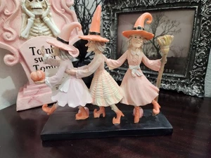 Halloween Pink Trio Witches Dancing Broom Pumpkin Figurine Prop Tabletop Decor - Picture 1 of 11