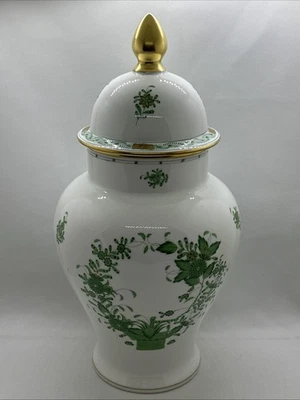 RARE! VTG Herend Hand Paint Green Chinese Bouquet Ginger Jar w Lid 14.5" Tall - Image 1 of 4
