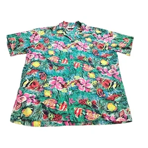VTG Hilo Hattie Shirt Adult Large Green Hawaiian Floral Fish Aloha Button Mens - Picture 1 of 8