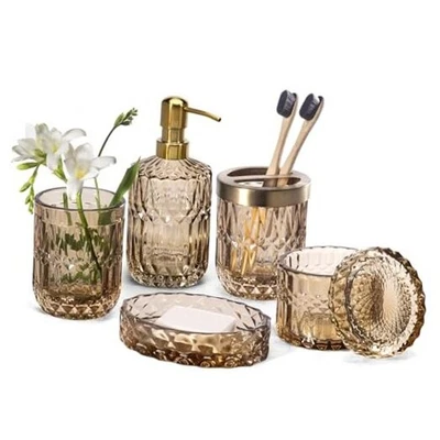  Juego de accesorios de vidrio transparente para baño de 6 piezas (dispensador de jabón de loción, 6 piezas marrón Foto 1 de 4
