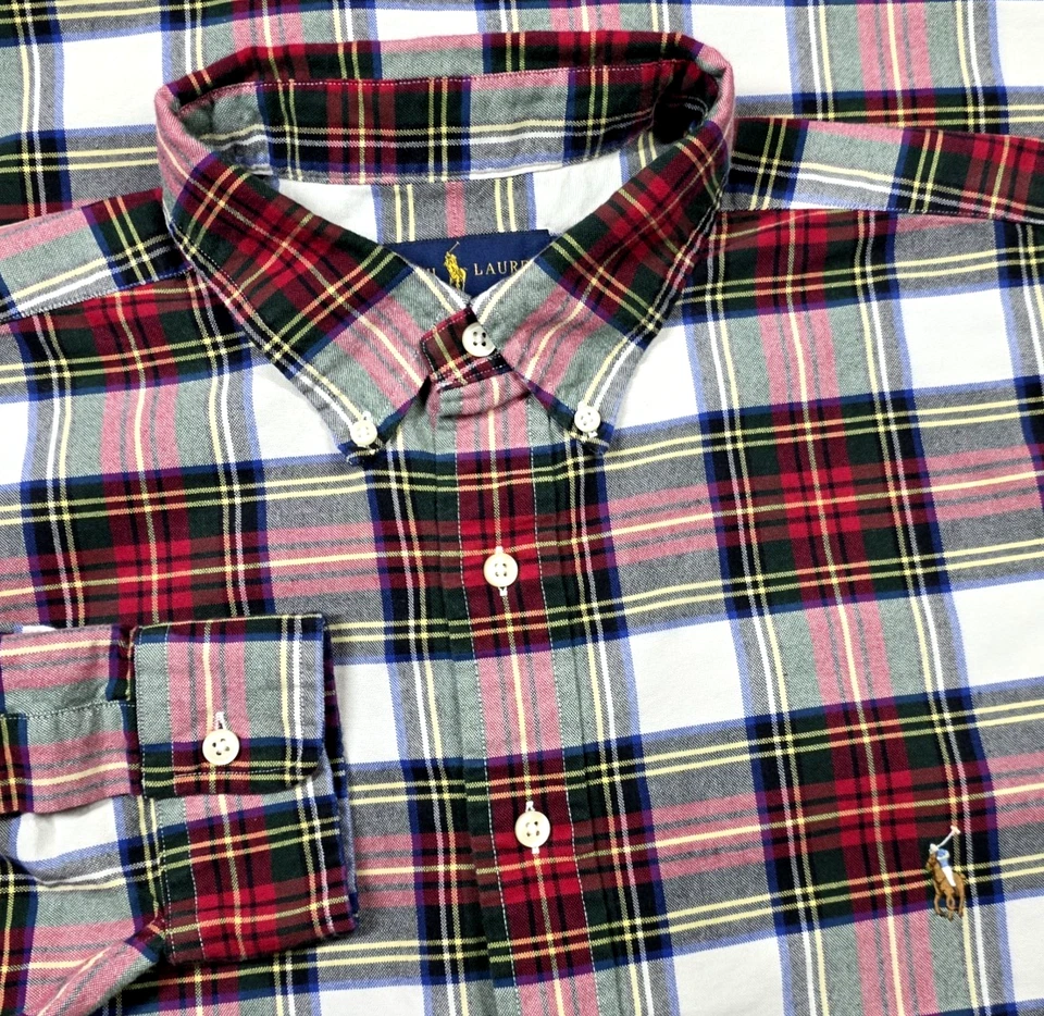 Camisa polo Oxford masculina manga longa xadrez verde vermelho botão Ralph Lauren 1XB - Imagem 1 de 4