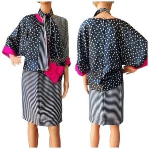 Vintage Roger Sakoun Paris Silk Stripes Polka Dot 3 Pcs Skirt Suit Set Size 40 - Picture 1 of 24