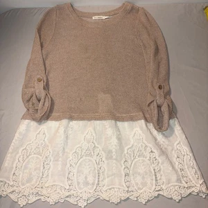 Blusa suéter túnica azul pimienta beige tostado manga larga encaje tejido pequeño - Imagen 1 de 5