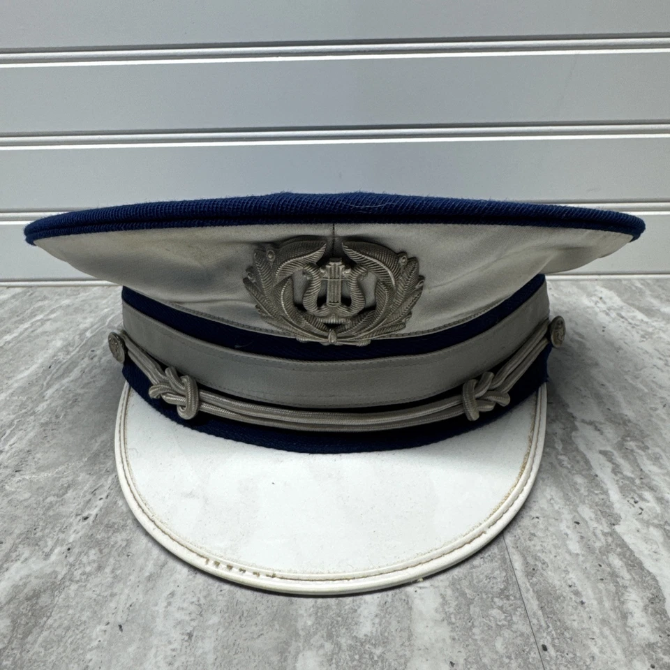 Sombrero de banda de marcha vintage AZUL BLANCO tono plata emblema de arpa Ostwald headware Foto 1 de 4