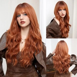 Copper Red Long Wavy Heat Resistant Hair Cosplay Party Wig With Bangs - Picture 1 of 8