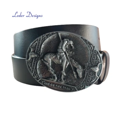 Schwarzer Ledergürtel + Gürtelschnalle Buckle Western Krieger Indianer USA - Bild 1 von 4