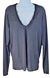 H&M Shirt Womens XL Black Blended Fabric V Neck Ruffled Sleeve Hem Sheer Solid - Picture 1 of 10