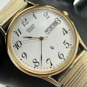 Citizen CQ Watch Mens Gold Tone Day Date 6100-S13327 Slim New Battery Vintage - Picture 1 of 11