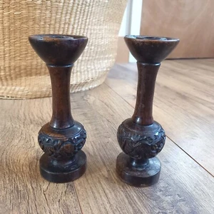 Vintage Candle Stick Holders Beautiful Hand Carved Made From African Heavy Wood - Picture 1 of 8