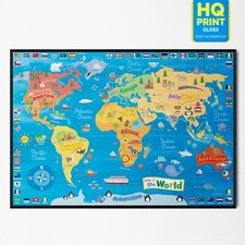 KIDS ANIMAL MAP OF THE WORLD CHILDREN'S EDUCATIONAL SCHOOL ART POSTER  A5 A4 A3