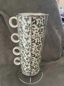 Set Of 4 Christmas Mugs In Stand - Picture 1 of 5